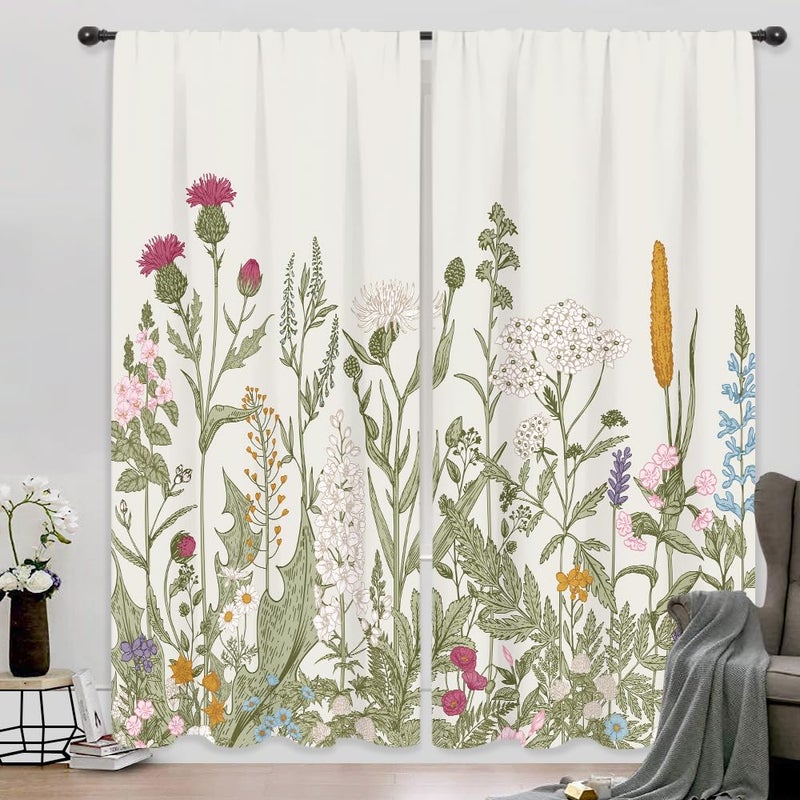 Riyidecor Wildflower Curtains Floral 52 x 84 Inch Green Leaves Botanical Printed Rod Pocket Artwork Wild Flower Plant Ivy Herbs Rustic Living Room Bedroom Window Drapes Treatment Fabric 2 Panels