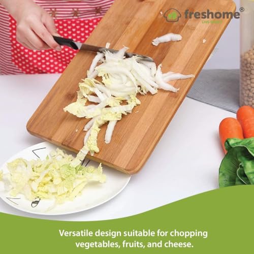FRESHOME (34 x 24 cm) Bamboo Cutting Board for Kitchen - Eco-Friendly Wooden Chopping Board for Vegetables, Fruits, Cheese - BPA-Free, Anti-Microbial, with Stainless Steel Handle (34 x 24 cm) - Image 5