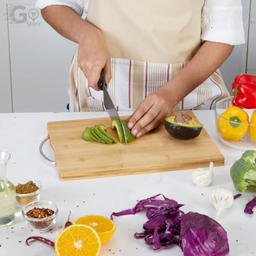 FRESHOME (34 x 24 cm) Bamboo Cutting Board for Kitchen - Eco-Friendly Wooden Chopping Board for Vegetables, Fruits, Cheese - BPA-Free, Anti-Microbial, with Stainless Steel Handle (34 x 24 cm) - Image 2