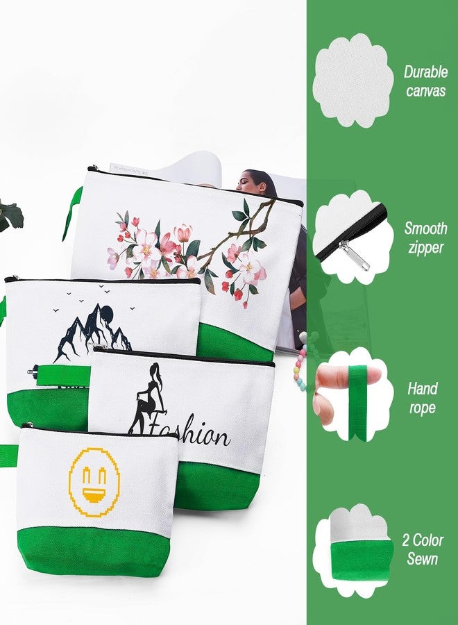 Sinzip 10 Pieces Cotton Canvas Makeup Bag with Bottom and Strap, Multi-Purpose Cosmetic Bag with Zipper Travel Toiletry Pouch, Blank DIY Craft Bag (White&Green, M) - Image 2