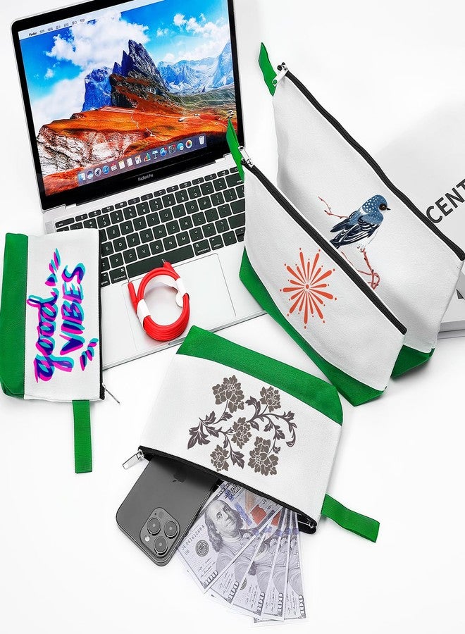 Sinzip 10 Pieces Cotton Canvas Makeup Bag with Bottom and Strap, Multi-Purpose Cosmetic Bag with Zipper Travel Toiletry Pouch, Blank DIY Craft Bag (White&Green, M) - Image 5