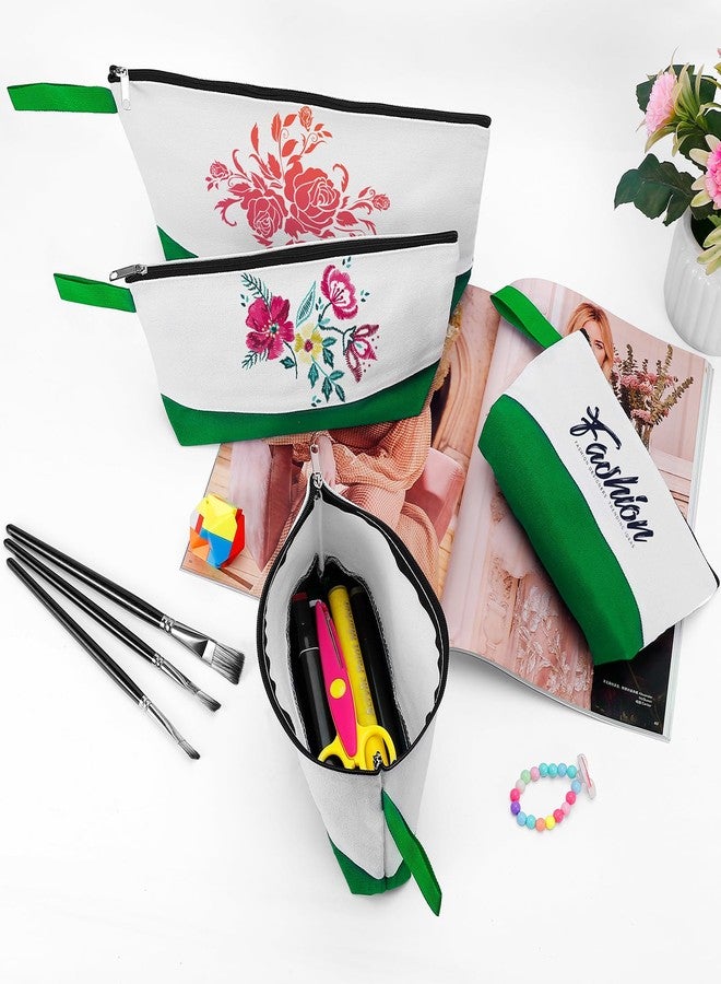 Sinzip 10 Pieces Cotton Canvas Makeup Bag with Bottom and Strap, Multi-Purpose Cosmetic Bag with Zipper Travel Toiletry Pouch, Blank DIY Craft Bag (White&Green, M) - Image 3