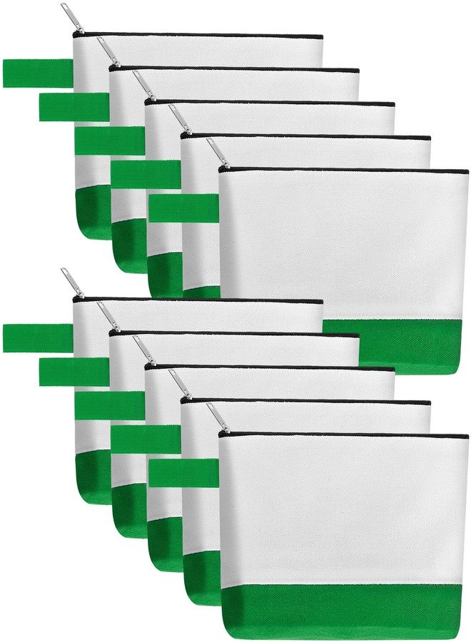 Sinzip 10 Pieces Cotton Canvas Makeup Bag with Bottom and Strap, Multi-Purpose Cosmetic Bag with Zipper Travel Toiletry Pouch, Blank DIY Craft Bag (White&Green, M) - Image 1