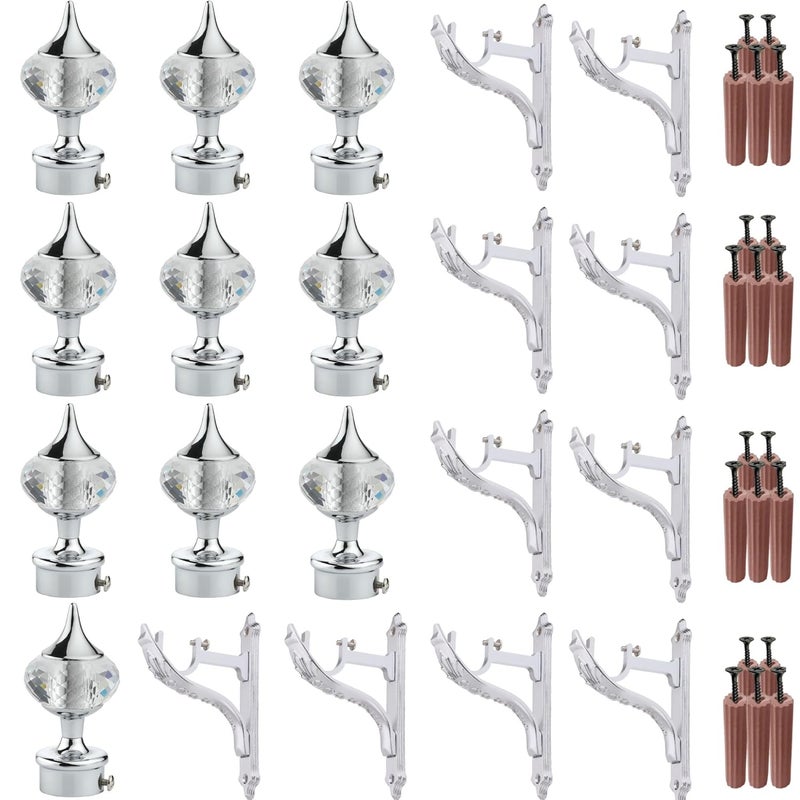 GRIVAN Aluminium Silver Finish Diamond Curtain Brackets Parda Holders with Jaguar Support Fittings 1 Inch Rod Pocket Finials for Door and Window (Silver, Pair of 5) - Image 1