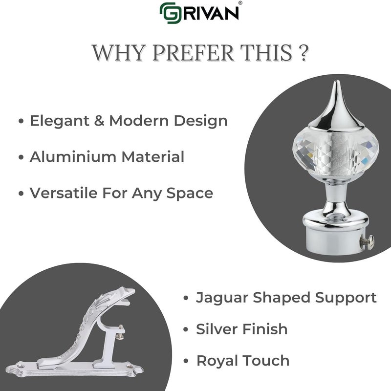 GRIVAN Aluminium Silver Finish Diamond Curtain Brackets Parda Holders with Jaguar Support Fittings 1 Inch Rod Pocket Finials for Door and Window (Silver, Pair of 5) - Image 3