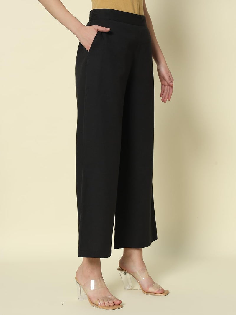 FIORRA Women's Black Cotton Solid Palazzo BTM003 - Image 3