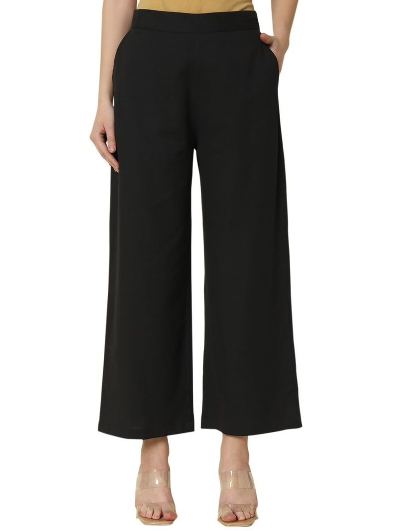 FIORRA Women's Black Cotton Solid Palazzo BTM003 - Image 1