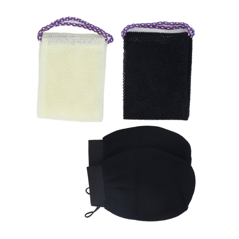 African Net Sponge Long Net Bath Sponge Nylon Body Exfoliating Net Back Scrubber with Bathing Gloves for Shower Skin Smoother Black Beige - Image 1