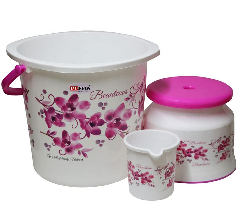 Puffin Square 6 Pcs Bathroom Set in Bucket+Tub+Mug 1L+Stool+Dustbin+Soap Case Multicolor (Brown) - Image 2