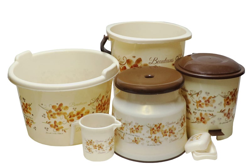 Puffin Square 6 Pcs Bathroom Set in Bucket+Tub+Mug 1L+Stool+Dustbin+Soap Case Multicolor (Brown) - Image 1