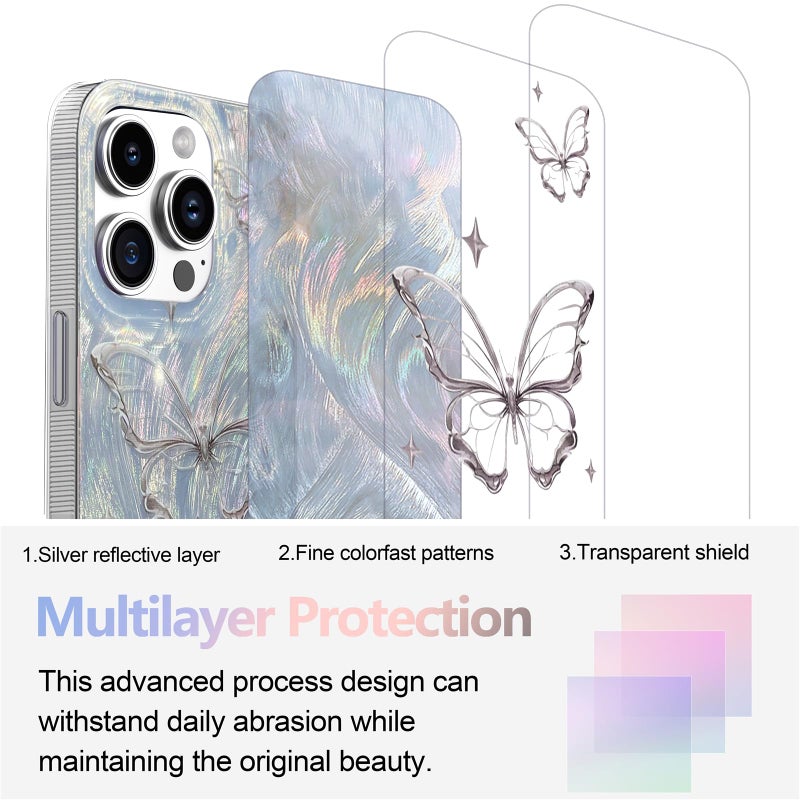 I-MGAE-IN-AR Compact Case for iPhone 15 Pro Max Shiny Silver Butterfly Design,Cute Trendy Soft Slim TPU Shockproof Protective Phone Cases Cover for Women Girls Aesthetic Glitter - Image 2