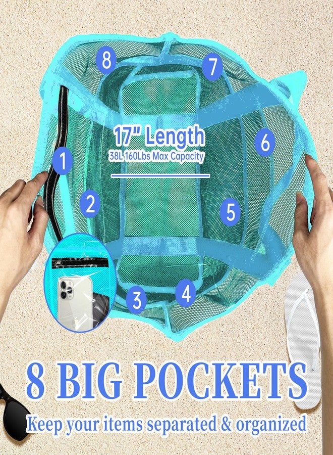 Yunaeduo Extra Large Mesh Beach Bag - Lightweight & Foldable Family Beach Bag with 9 Pockets for Toys, Towels & Vacation Essentials - Blue - Image 3