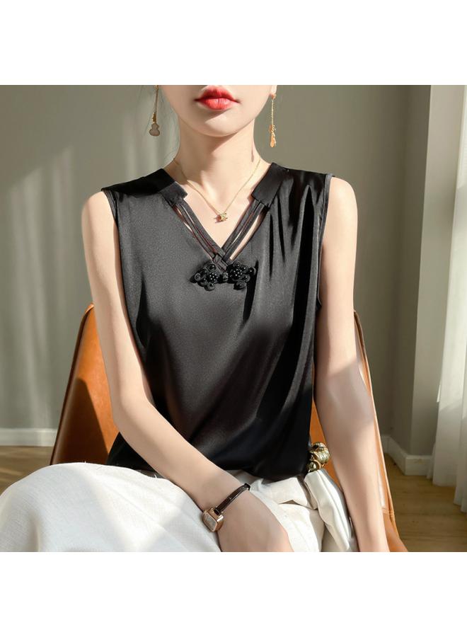 VUELO Silk Satin Summer Women's New V-neck Sleeveless Vest T-shirt Fashionable Inner Top Loose Sling 