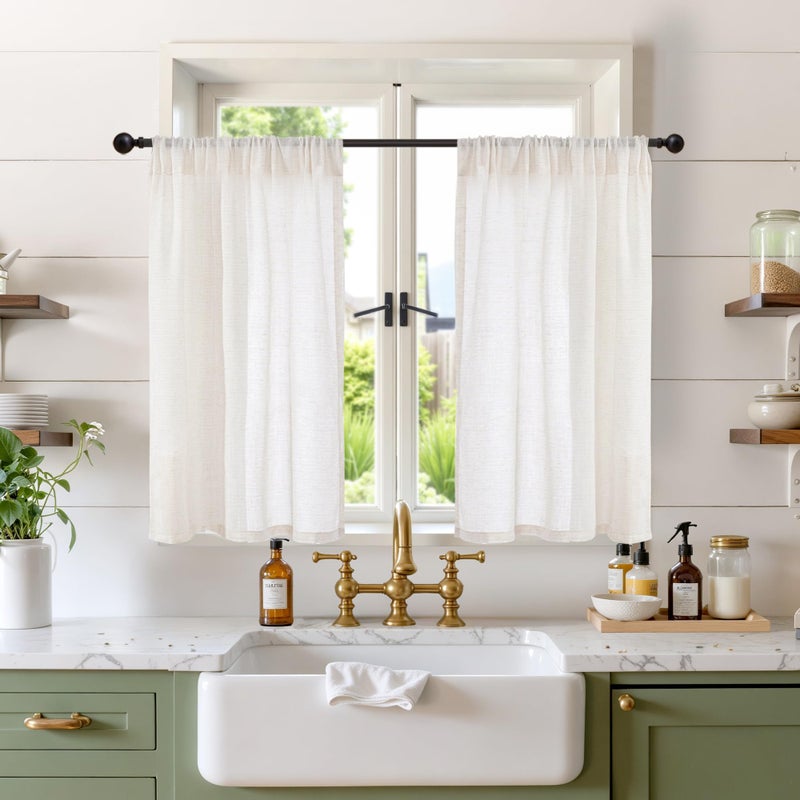BGment Linen Curtains 36 Inch Length for Small Window Over Sink - Half Drapes Natural Semi Sheer with Rod Pocket for Kitchen Bathroom, 2 Panels Set, 30 X 36 Inch - Image 1