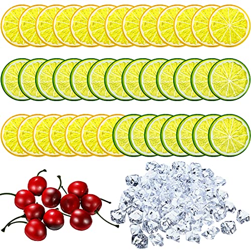 Mtlee 130 Pieces Lemon Slice Ice Cubes Set  20 Simulation Lemon Slices 100 Acrylic Ice Cubes 10 Artificial Cherries for Wedding Kitchen Decoration