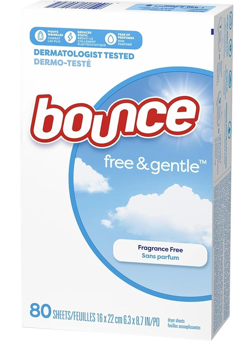 Bounce Free & Gentle Dryer Sheets 80 Count Fragrance Free Fabric Softener Sheets for Laundry Anti Static Wrinkle Reduction Hypoallergenic Dermatologist Tested Safe for Sensitive Skin - Image 1