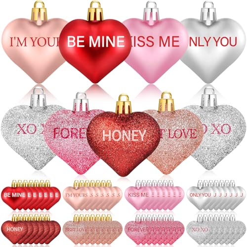 Cludoo 56PCS Valentines Tree Decorations Heart Ornaments, 8 Styles Valentines Day Heart Shaped Ornaments with Sweet Love Words Heart Baubles for Romantic Valentines Tree Decor Wedding Anniversary Decor - Image 1