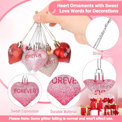 Cludoo 56PCS Valentines Tree Decorations Heart Ornaments, 8 Styles Valentines Day Heart Shaped Ornaments with Sweet Love Words Heart Baubles for Romantic Valentines Tree Decor Wedding Anniversary Decor - Image 5