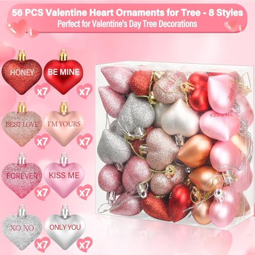 Cludoo 56PCS Valentines Tree Decorations Heart Ornaments, 8 Styles Valentines Day Heart Shaped Ornaments with Sweet Love Words Heart Baubles for Romantic Valentines Tree Decor Wedding Anniversary Decor - Image 2