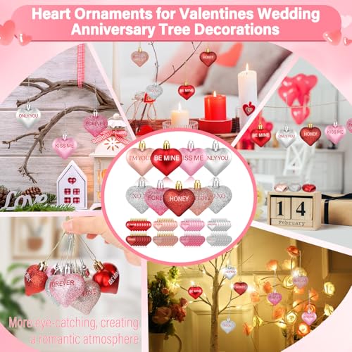 Cludoo 56PCS Valentines Tree Decorations Heart Ornaments, 8 Styles Valentines Day Heart Shaped Ornaments with Sweet Love Words Heart Baubles for Romantic Valentines Tree Decor Wedding Anniversary Decor - Image 4