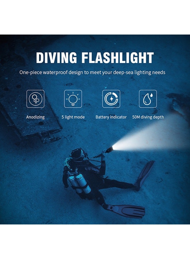 Premium 50m Diving Flashlight - Powerful, Durable, Submersible (Light + 26650 Battery + Charger) - Image 2
