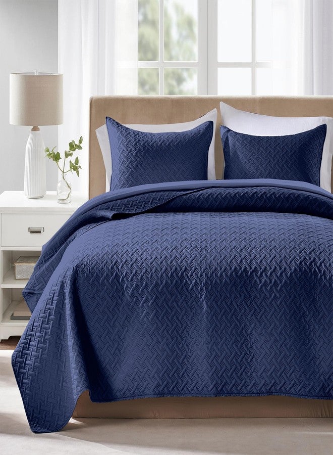 FLYMME Quilts Queen Size - Ultra Soft Navy Blue Quilt Lightweight Microfiber Bedspreads, Classic Basket Weave Pattern Bedspread Bed Coverlet 3 Pieces for All-Season (1 Quilt, 2 Pillow Shams) - Image 1
