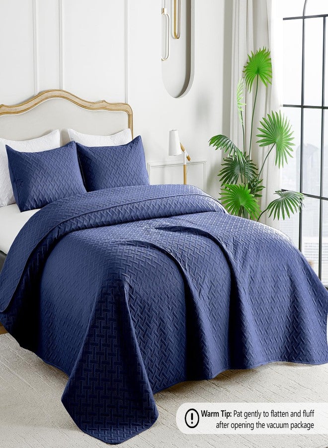 FLYMME Quilts Queen Size - Ultra Soft Navy Blue Quilt Lightweight Microfiber Bedspreads, Classic Basket Weave Pattern Bedspread Bed Coverlet 3 Pieces for All-Season (1 Quilt, 2 Pillow Shams) - Image 2