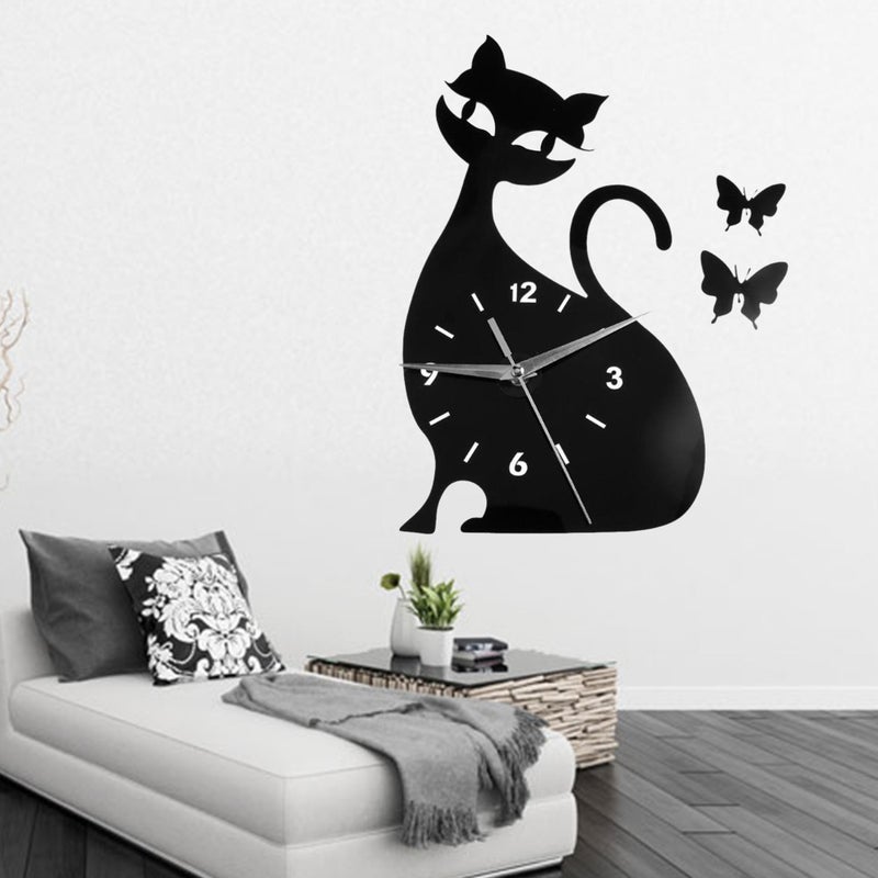 Wall Clock Cat Mirror Black Wall Clock Modern Decor Watch - Image 3