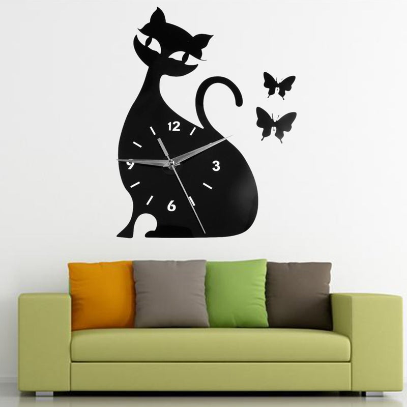 Wall Clock Cat Mirror Black Wall Clock Modern Decor Watch - Image 1