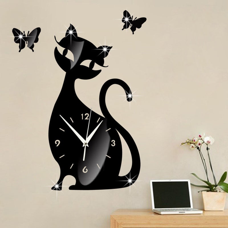 Wall Clock Cat Mirror Black Wall Clock Modern Decor Watch - Image 2