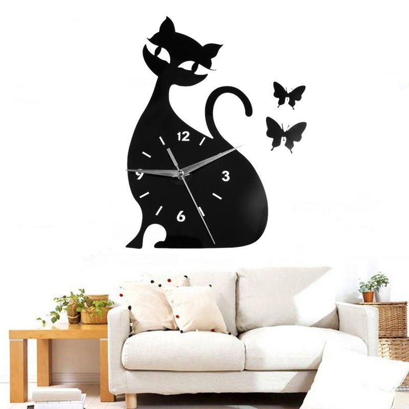 Wall Clock Cat Mirror Black Wall Clock Modern Decor Watch - Image 5