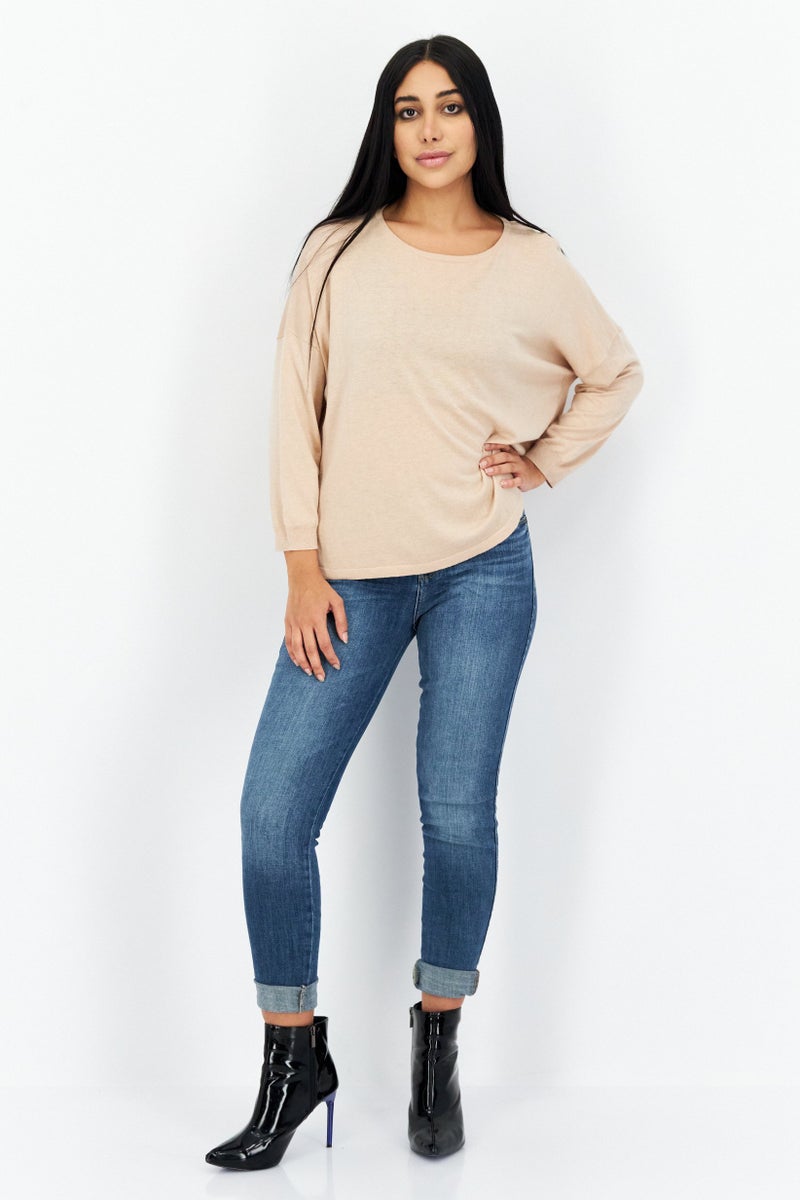 COMMA Women Boat Neck Plain Knitted Sweater, Tan - Image 3