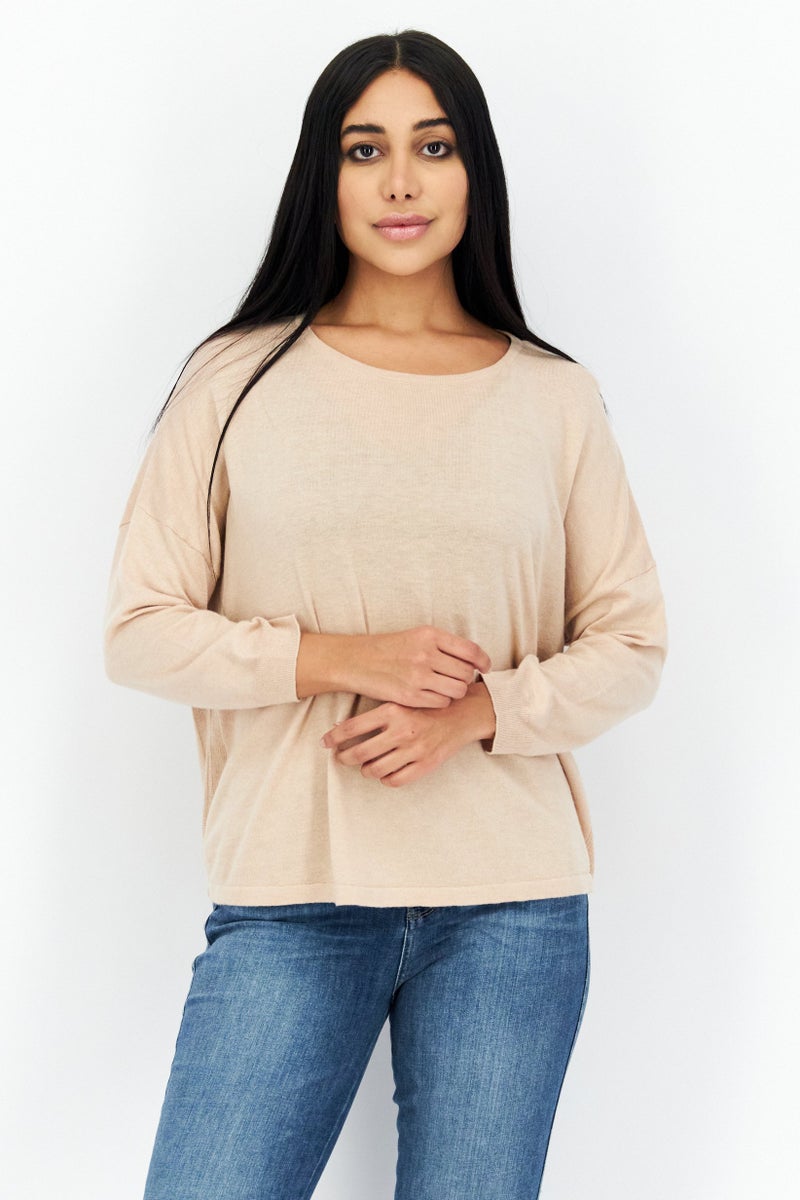COMMA Women Boat Neck Plain Knitted Sweater, Tan - Image 1