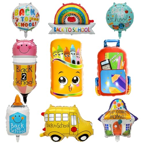 YiYou 9 Pcs Back to School Foil Balloons First Day of School Balloons School Bus Pencil School bags Crayon box Ruler Welcome Home Balloon Back to School Mylar Balloon for Kindergarten Classroom Decorations - Image 1