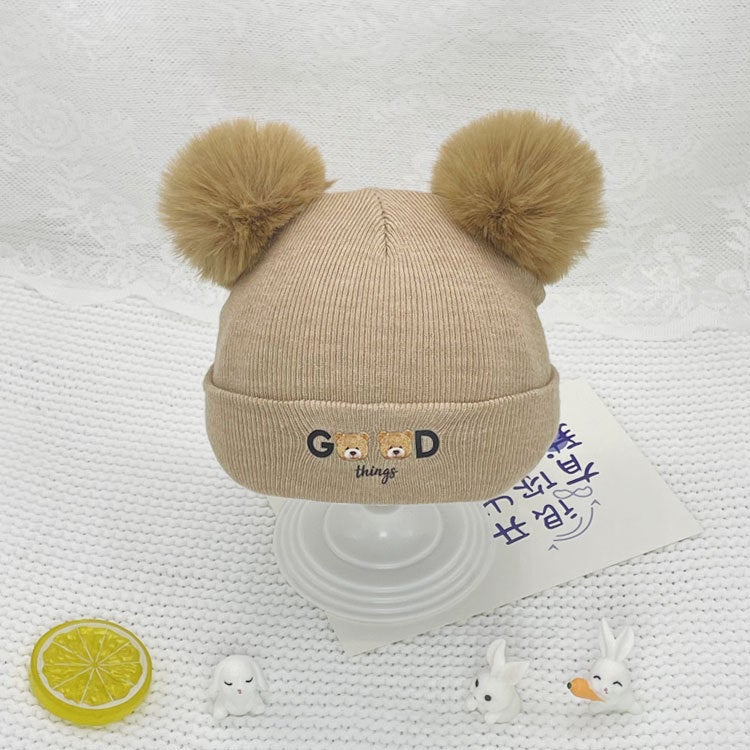 New Cartoon Bear Baby Cap Autumn Winter Knit Warm Khaki  - Image 1