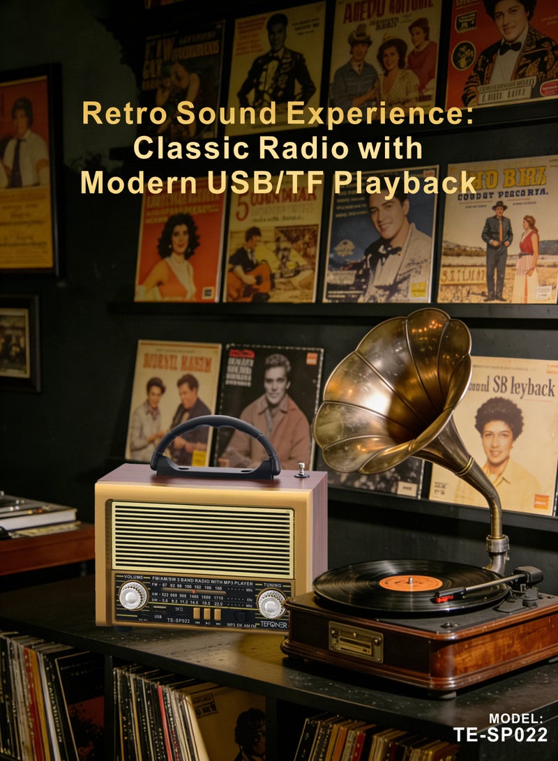 تيفونر راديو قديم TE-SP022. راديو صغير كهربائي FM/AM  محمول. راديو كهربائي بمنفذ فلاش و بطاقة ذاكرة. مكبر صوت بلوتوث بصوت قوي 5 واط.  بتصميم كلاسيكي. مضخم صوت ببطارية تدوم طول اليوم. سماعه سبيكر بتصال لا سلكي حتى ١٠ متر.راديو لاسلكي بازرار تحكم متعددة. مكبر صوت لاسلكي. - Image 2