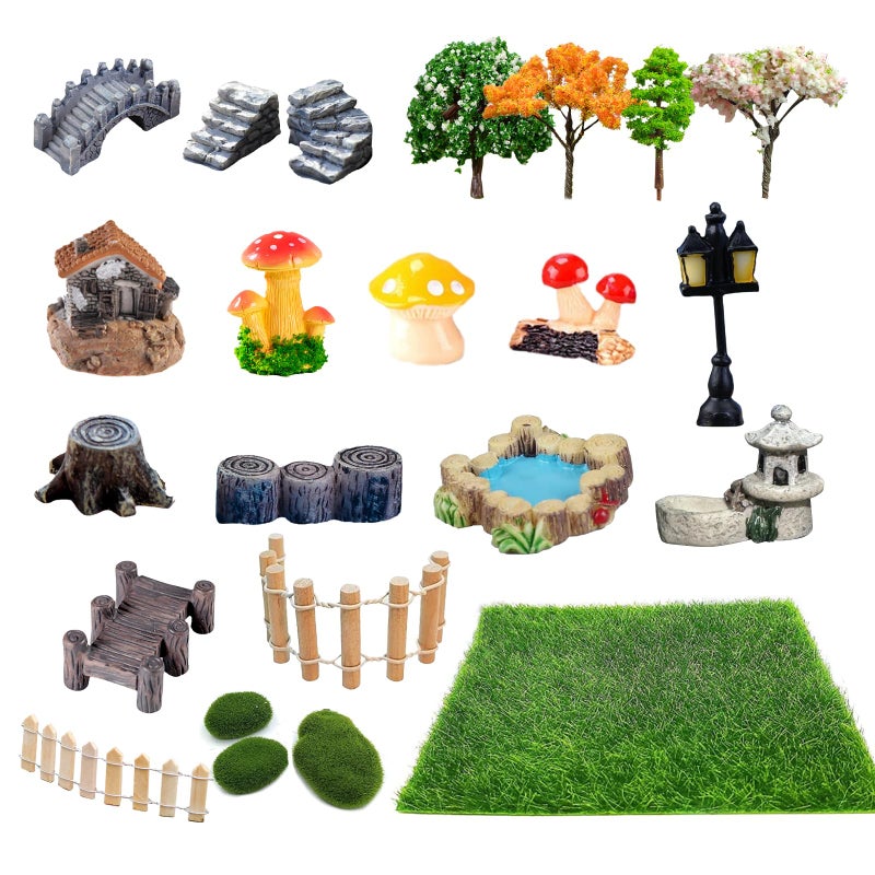 Julang 23 Pcs Fairy Garden Miniatures Jumping Spider Enclosure Accessories Mini Bridge Fence Pond Street Lamps Mushroom Lawn Figurines Garden Decorations for Jumping Spider Habitat - Image 2