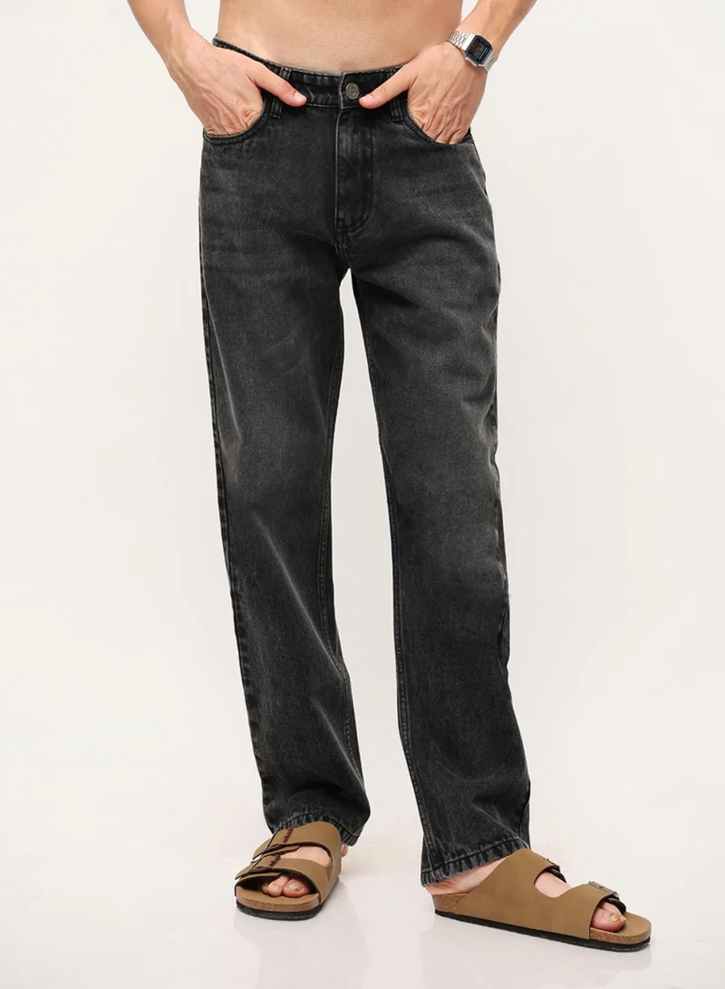 Black 100% Cotton Washed Pattern Straight Fit Denim Jeans For Men