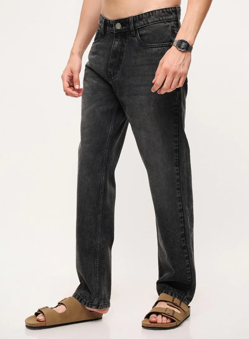 دينيس لينغو Black 100% Cotton Washed Pattern Straight Fit Denim Jeans For Men