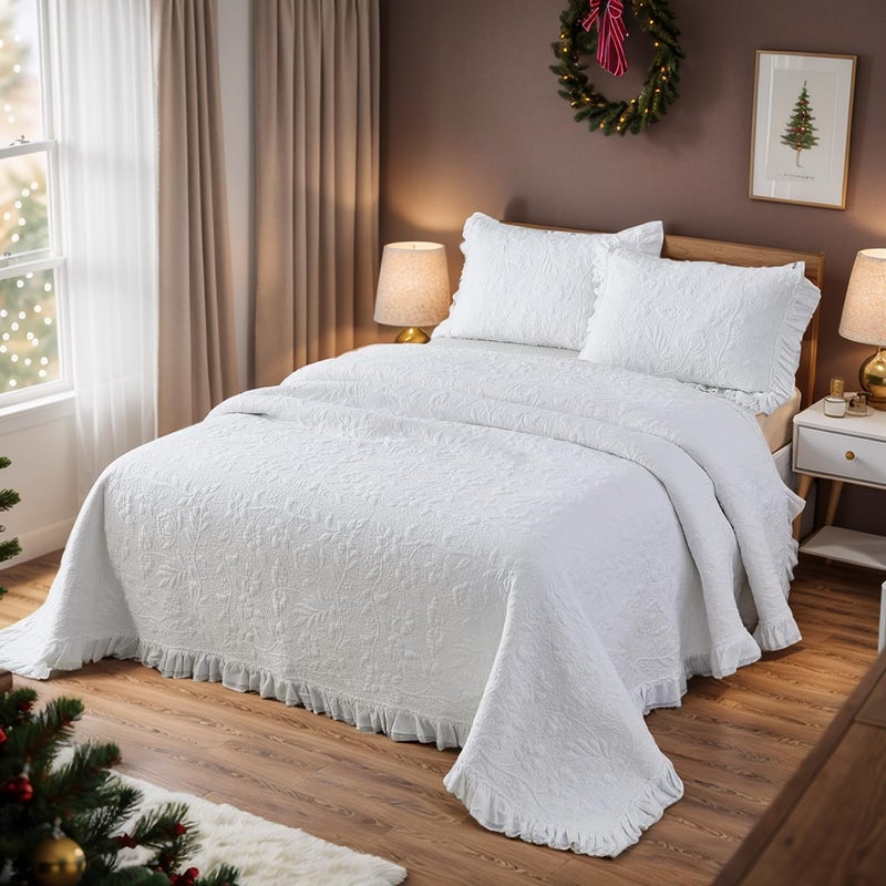 Brandream White Quilt Set Cotton Queen Size Shabby Chic Cottagecore Bedding Matelasse Coverlet Set Ruffle Bedspreads 3-Piece - Image 2
