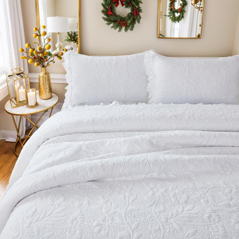 Brandream White Quilt Set Cotton Queen Size Shabby Chic Cottagecore Bedding Matelasse Coverlet Set Ruffle Bedspreads 3-Piece - Image 3