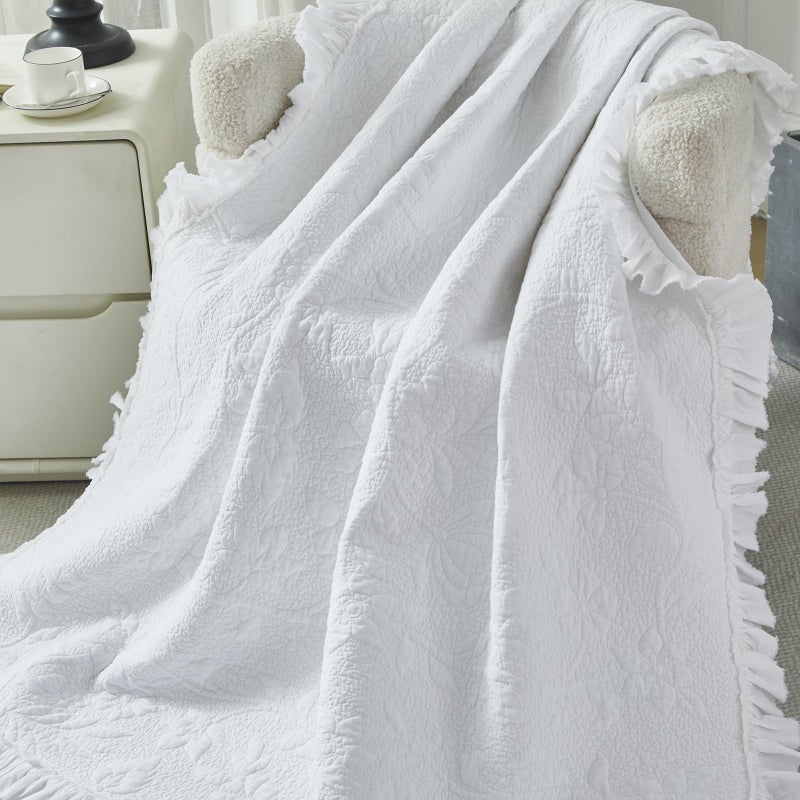Brandream White Quilt Set Cotton Queen Size Shabby Chic Cottagecore Bedding Matelasse Coverlet Set Ruffle Bedspreads 3-Piece - Image 4