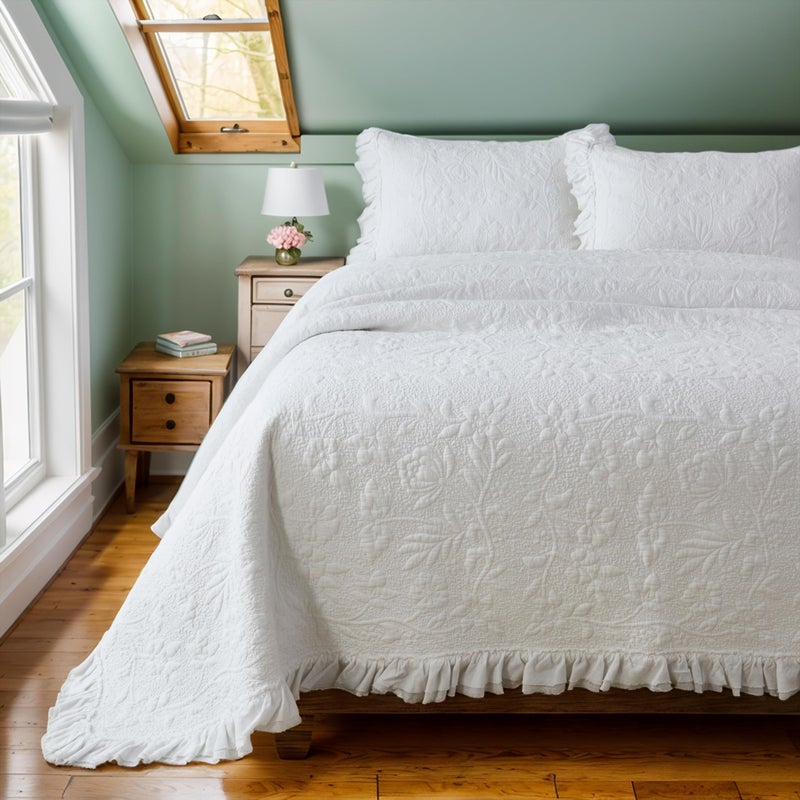 Brandream White Quilt Set Cotton Queen Size Shabby Chic Cottagecore Bedding Matelasse Coverlet Set Ruffle Bedspreads 3-Piece - Image 1