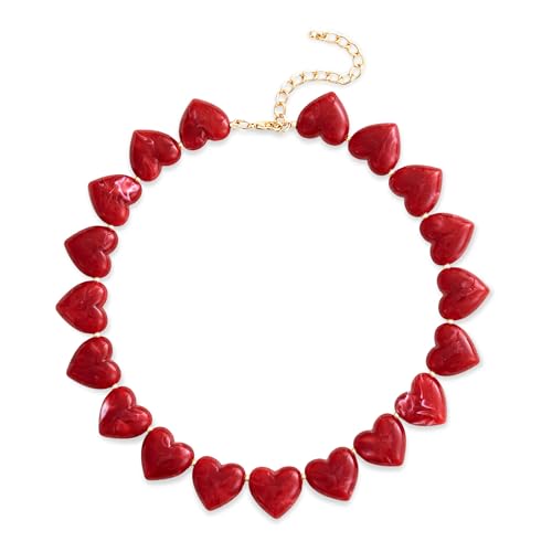 YUJIE Red Resin Necklace Chunky Heart Beaded Choker Y2K Boho Acrylic Adjustable Statement Jewelry - Image 1