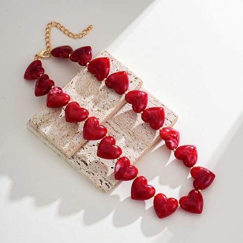 YUJIE Red Resin Necklace Chunky Heart Beaded Choker Y2K Boho Acrylic Adjustable Statement Jewelry - Image 2