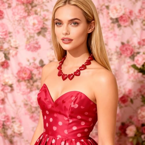 YUJIE Red Resin Necklace Chunky Heart Beaded Choker Y2K Boho Acrylic Adjustable Statement Jewelry - Image 4