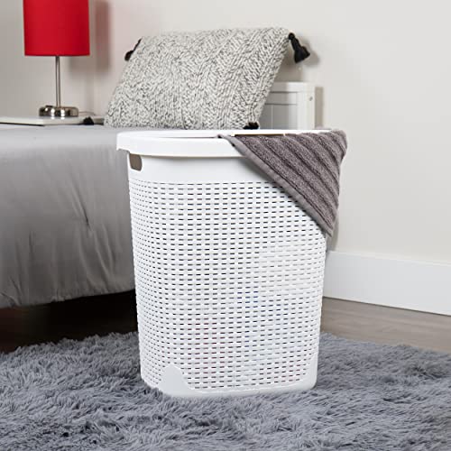 Mind Reader Slim Laundry Hamper with Lid, 50L Clothes Basket, Premium Wicker Design, Plastic, White - Image 2