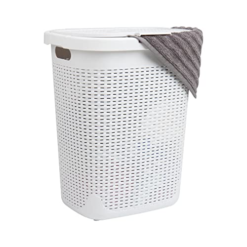 Mind Reader Slim Laundry Hamper with Lid, 50L Clothes Basket, Premium Wicker Design, Plastic, White - Image 1
