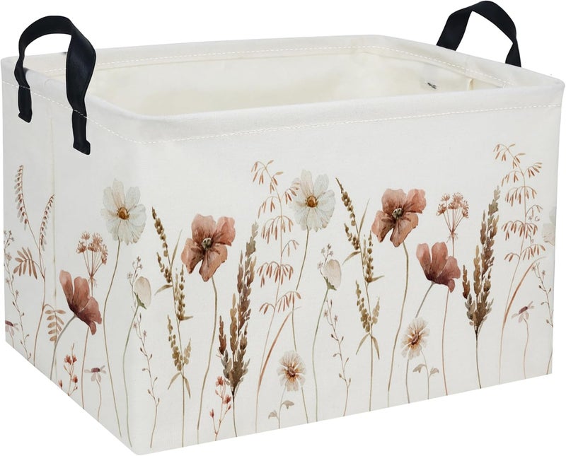 DDBASKET Rectangular Kids Baskets Flower Basket Kids Storage Bins Girls Basket Cute Storage Bin Organizer Box Room Decor for Home(Ink wash flower) - Image 1