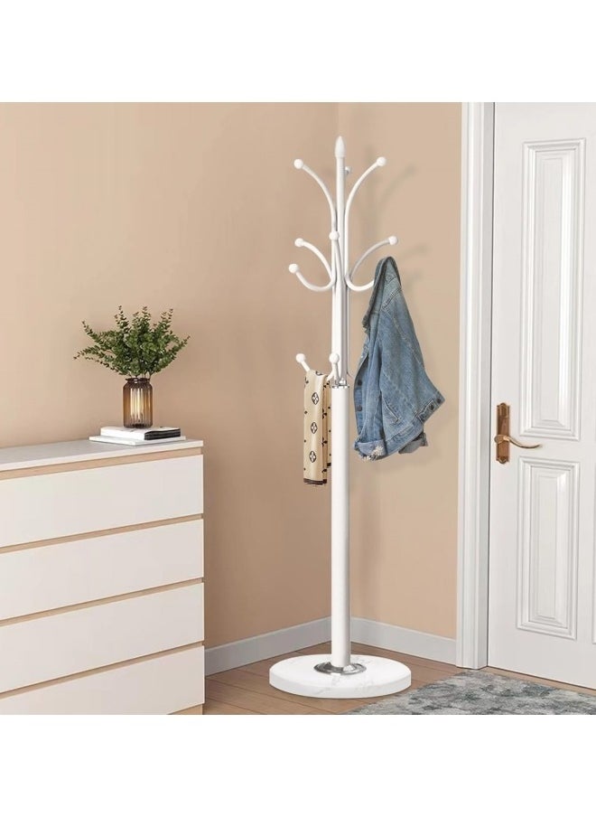 GGEROU Metal Coat Rack Stand with Natural Marble Base, Tree Coat Rack Stand, Free Standing Hall Tree with 12 Hooks for Hanging Scarf, Bag, Jacket, Home Entry-way Hat Hanger Organizer(White)  - Image 1